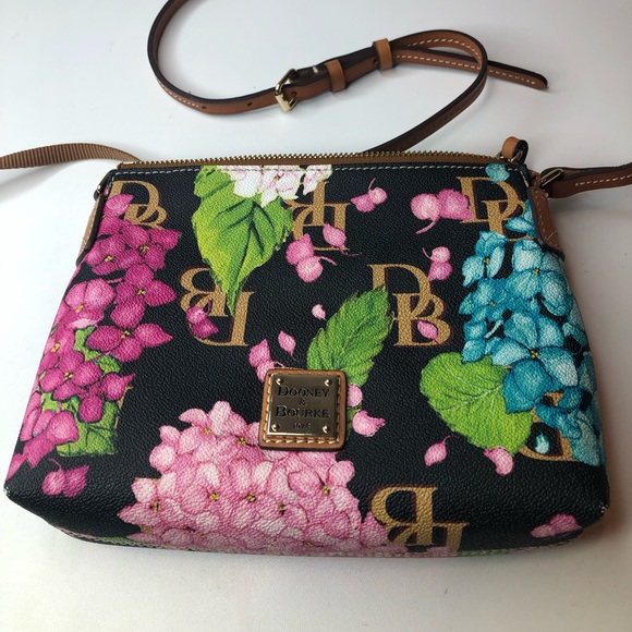 Dooney & Bourke Black Pink Blue Floral Hydrangea Crossbody Bag coated cotton - Picture 12 of 13